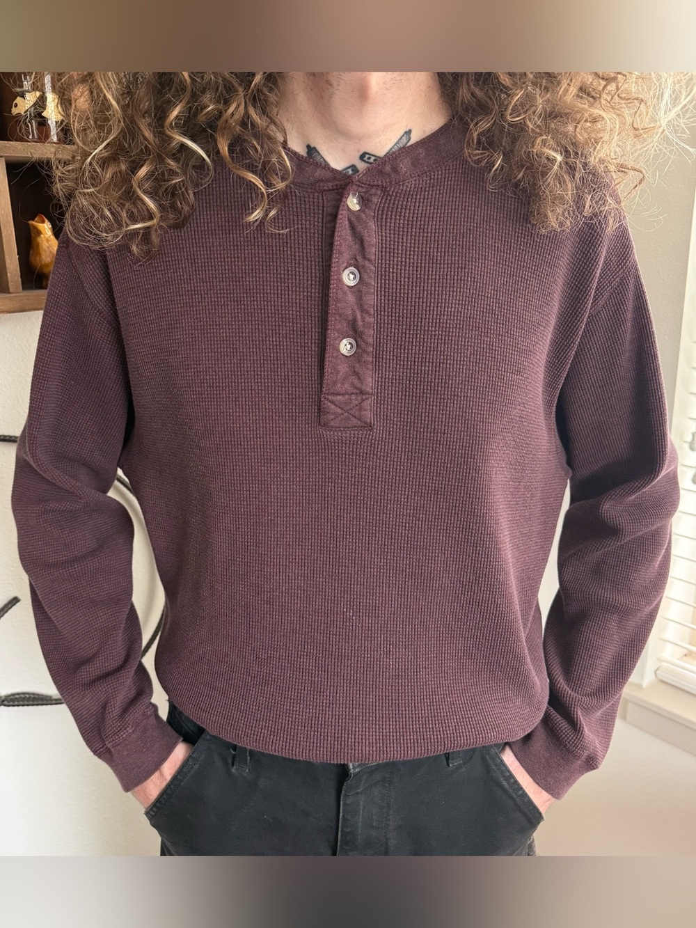 Vintage 90s Burgundy Henley Waffle Thermal Gorpcore Grunge ~ Size Large